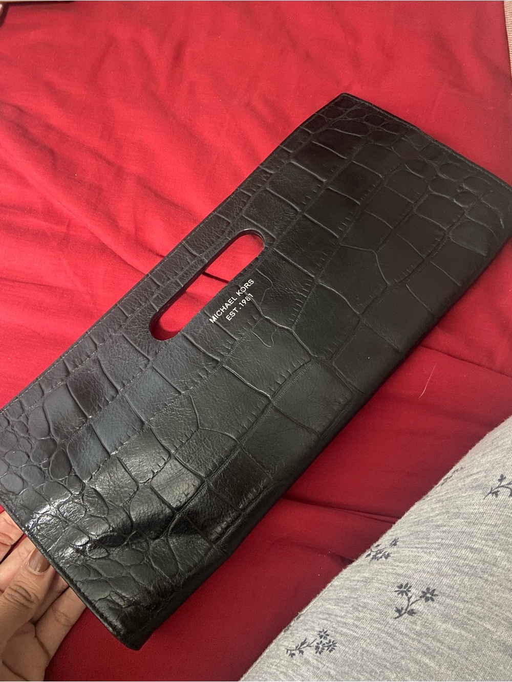 Michael Kors Black Croc-Embossed Leather Handheld Clutch
